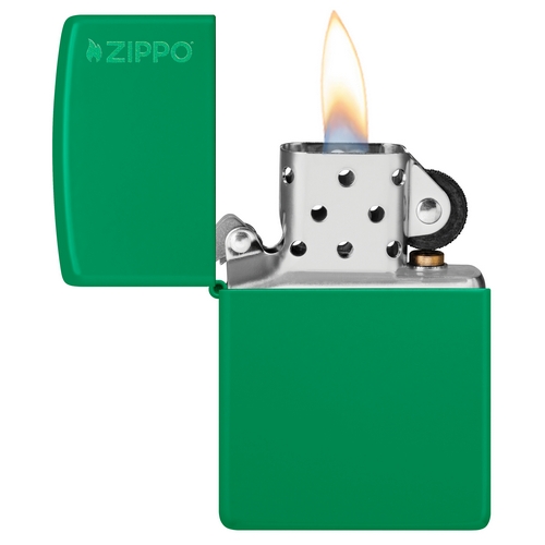 Zippo aansteker Golf Green Matte wit Zippo Logo open met vlam