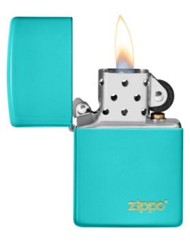 Aansteker Zippo Flat Turquoise Zippo Lasered open met vlam
